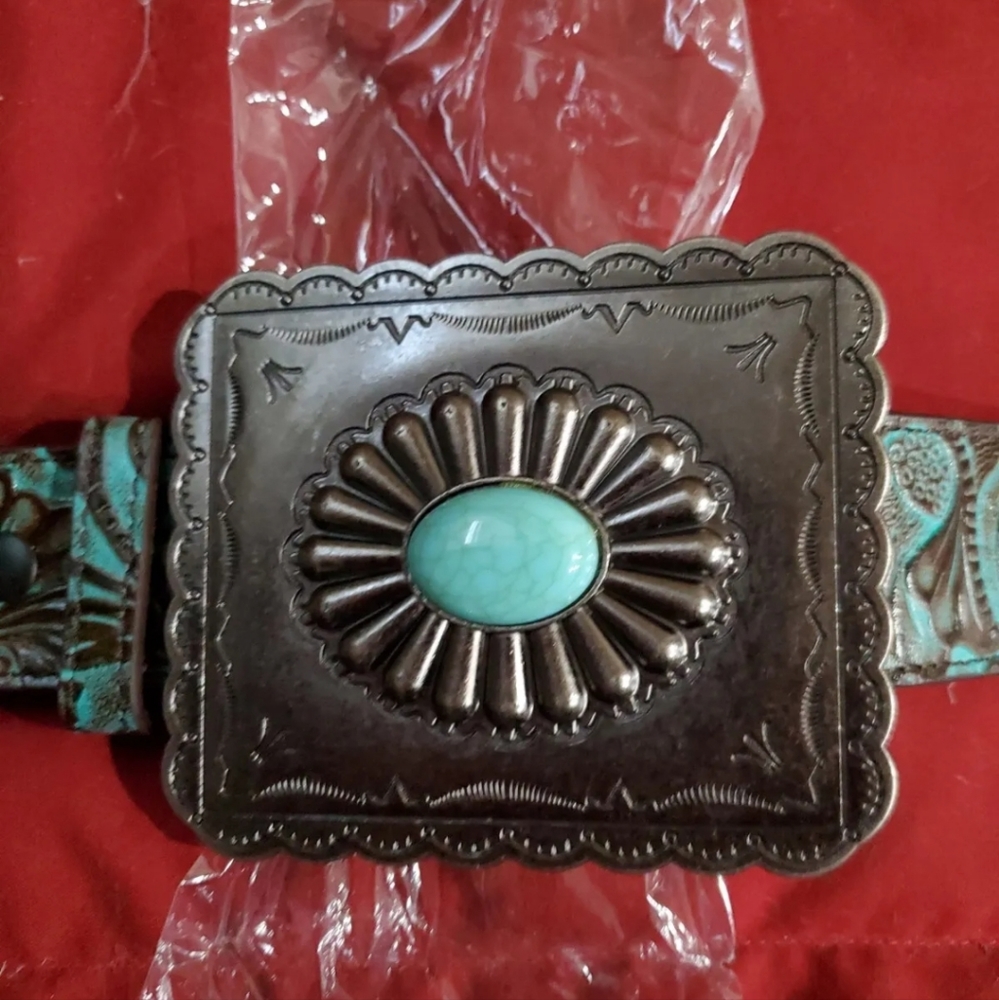 Lucky & Blessed Turquoise Tooled Square Concho Belt Small